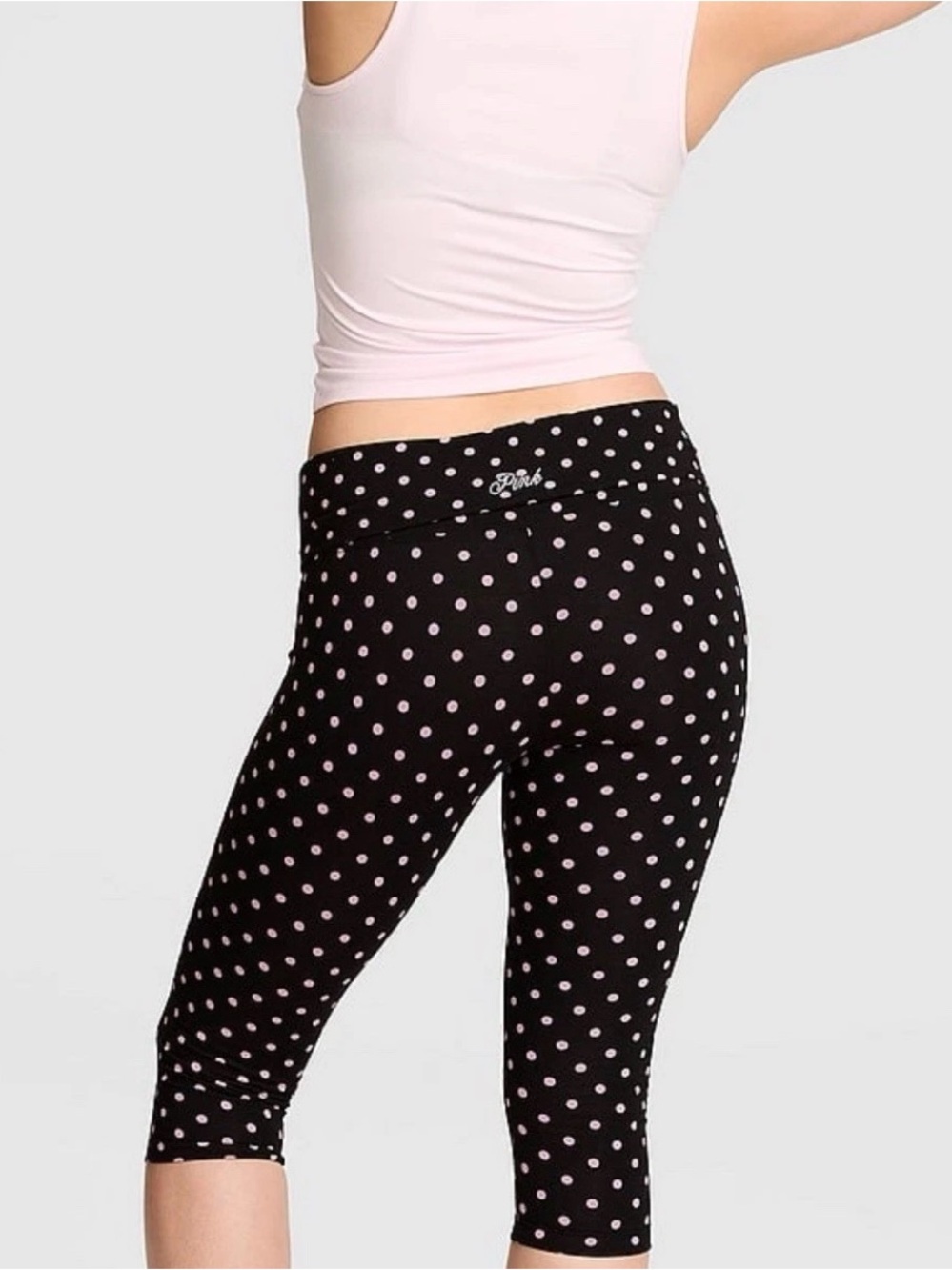 New Extra Small XS Victoria's Secret PINK Black Polka Dot Foldover Capri Legging